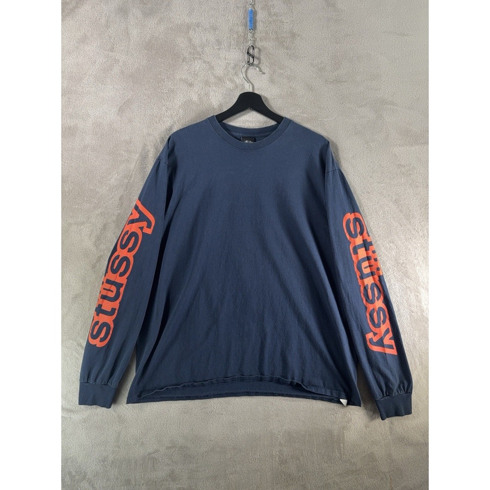 Stussy Y2K Long Sleeve T Shirt Mens XL Navy Blue Orange Spellout Skate Graphic